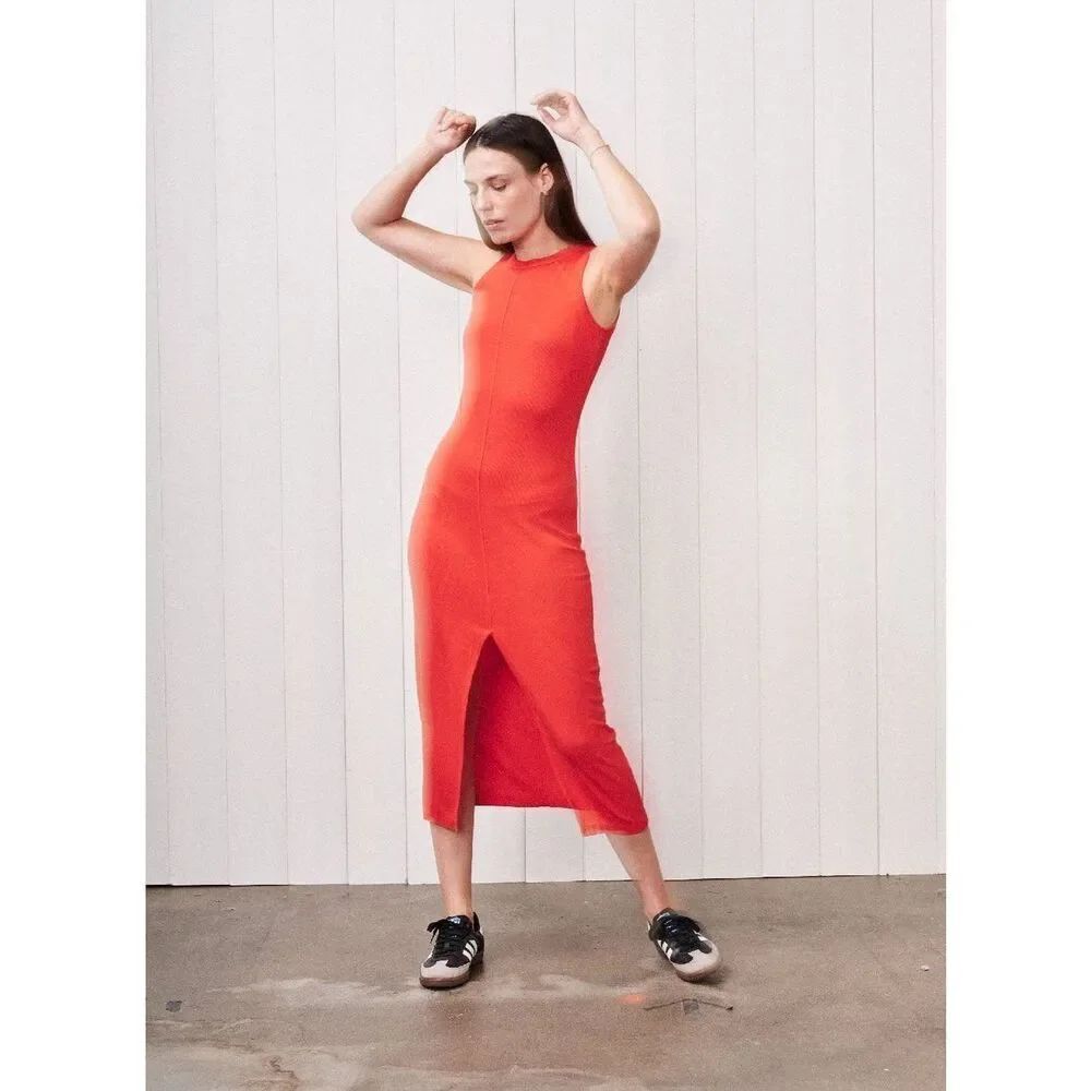✨Stateside Fine 2X1 Rib Front Slit Sz XS Midi Dress in Candy Apple✨